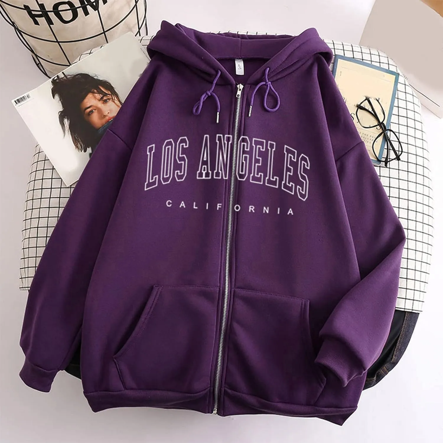 Hoodies for Women Pullover Losangeles Letter Print Hooded Sweatshirt with Pocket Long Sleeve Causal Fleece Tee Aesthetic Fall