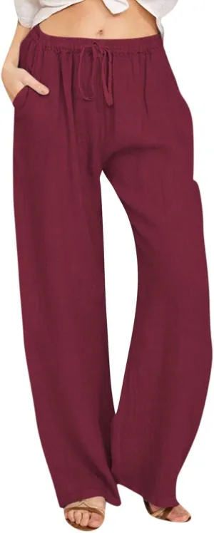 HOTYD Women's Cotton Linen Pants Summer Wide Leg Casual Loose Drawstring High Waist Palazzo Pants Trousers with Pockets