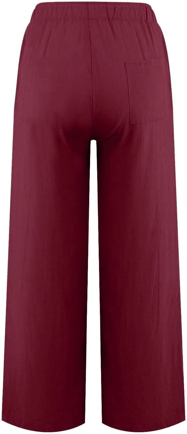HOTYD Women's Cotton Linen Pants Summer Wide Leg Casual Loose Drawstring High Waist Palazzo Pants Trousers with Pockets