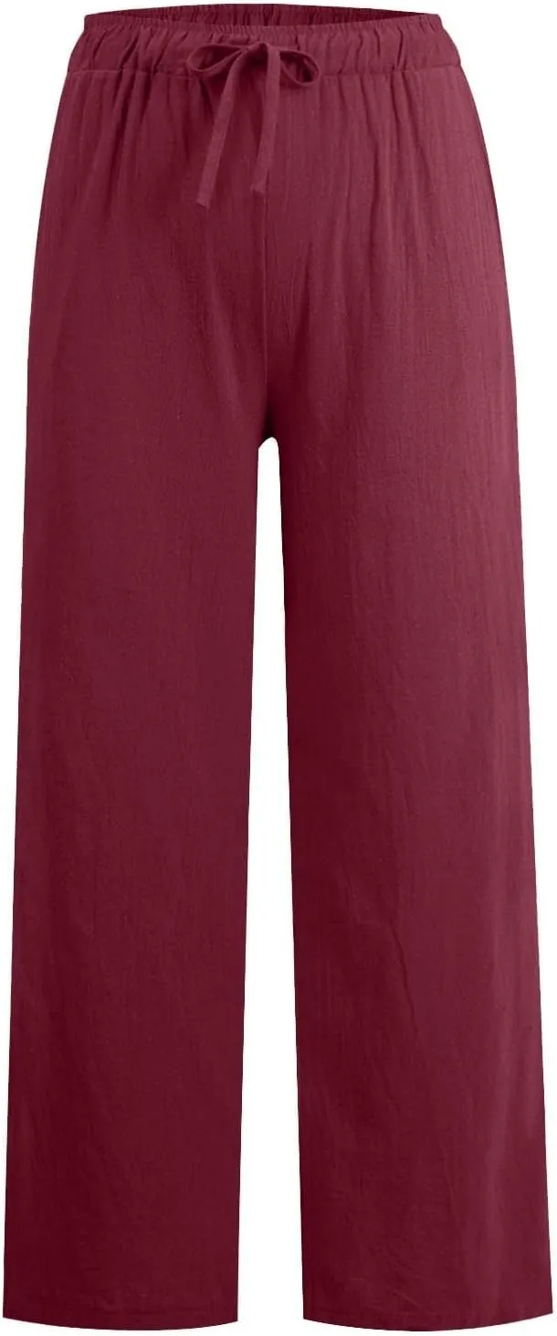 HOTYD Women's Cotton Linen Pants Summer Wide Leg Casual Loose Drawstring High Waist Palazzo Pants Trousers with Pockets
