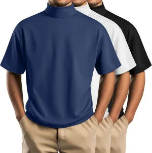 Huukeay 3 Pack Men's Big and Tall Turtleneck Shirt, Cotton Short Sleeve Mock Neck Tops Loose Fit Basic Casual Undershirt Tee