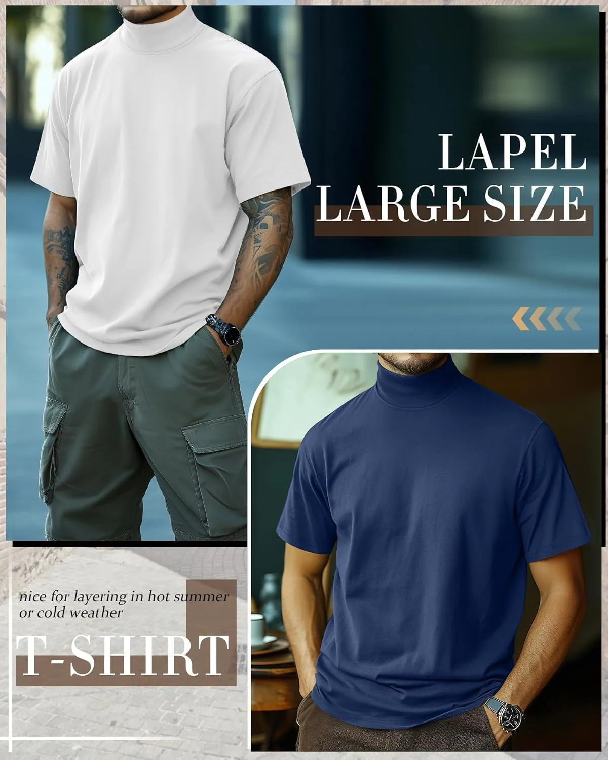 Huukeay 3 Pack Men's Big and Tall Turtleneck Shirt, Cotton Short Sleeve Mock Neck Tops Loose Fit Basic Casual Undershirt Tee