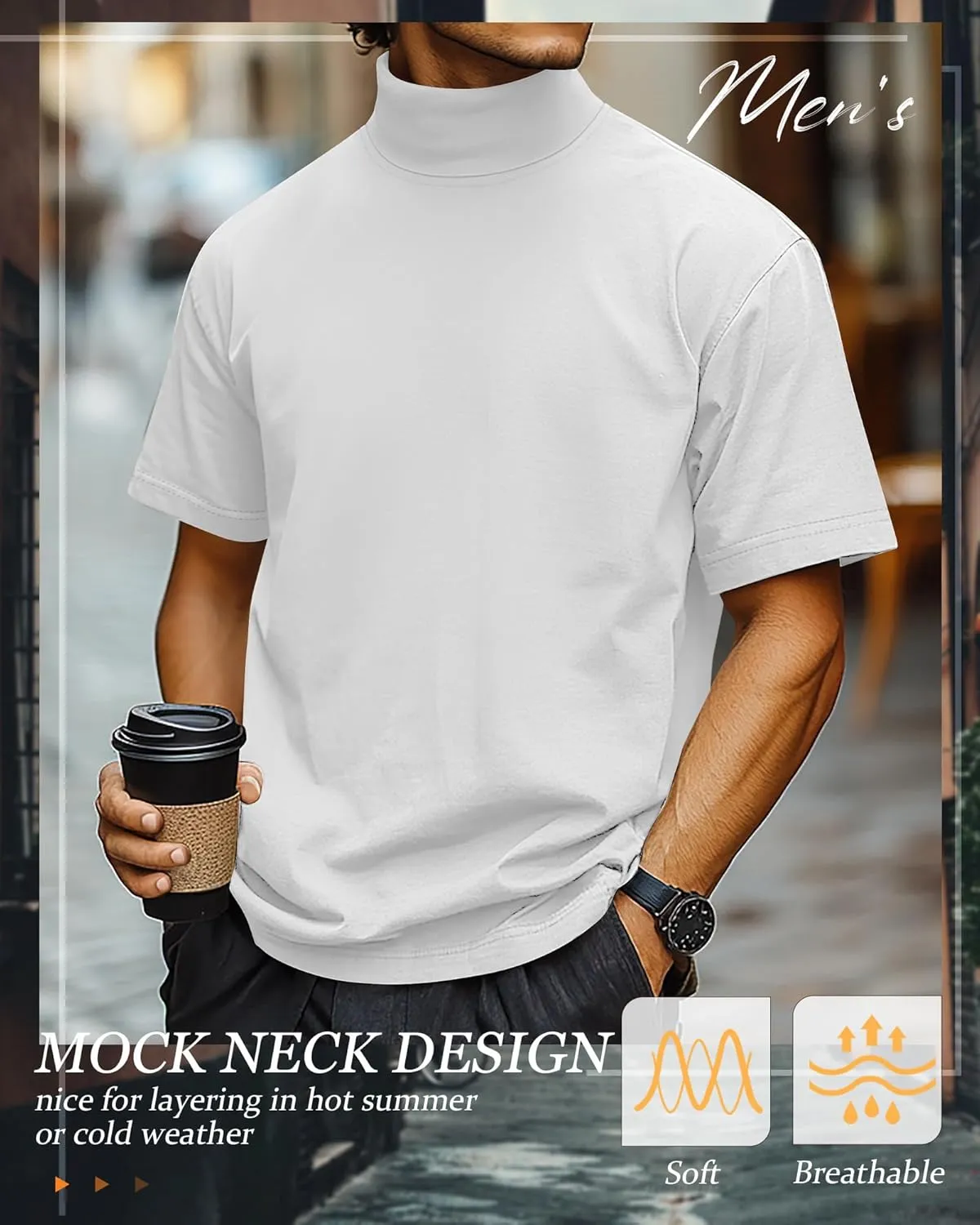 Huukeay 3 Pack Men's Big and Tall Turtleneck Shirt, Cotton Short Sleeve Mock Neck Tops Loose Fit Basic Casual Undershirt Tee