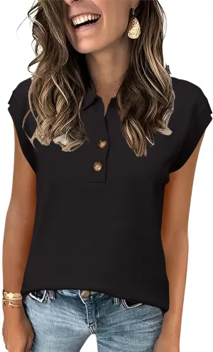 IECCP Womens Cap Sleeve Sweater Vest Summer V Neck Lightweight Casual Button Front Loose Fit Knit Pullover Polo Top