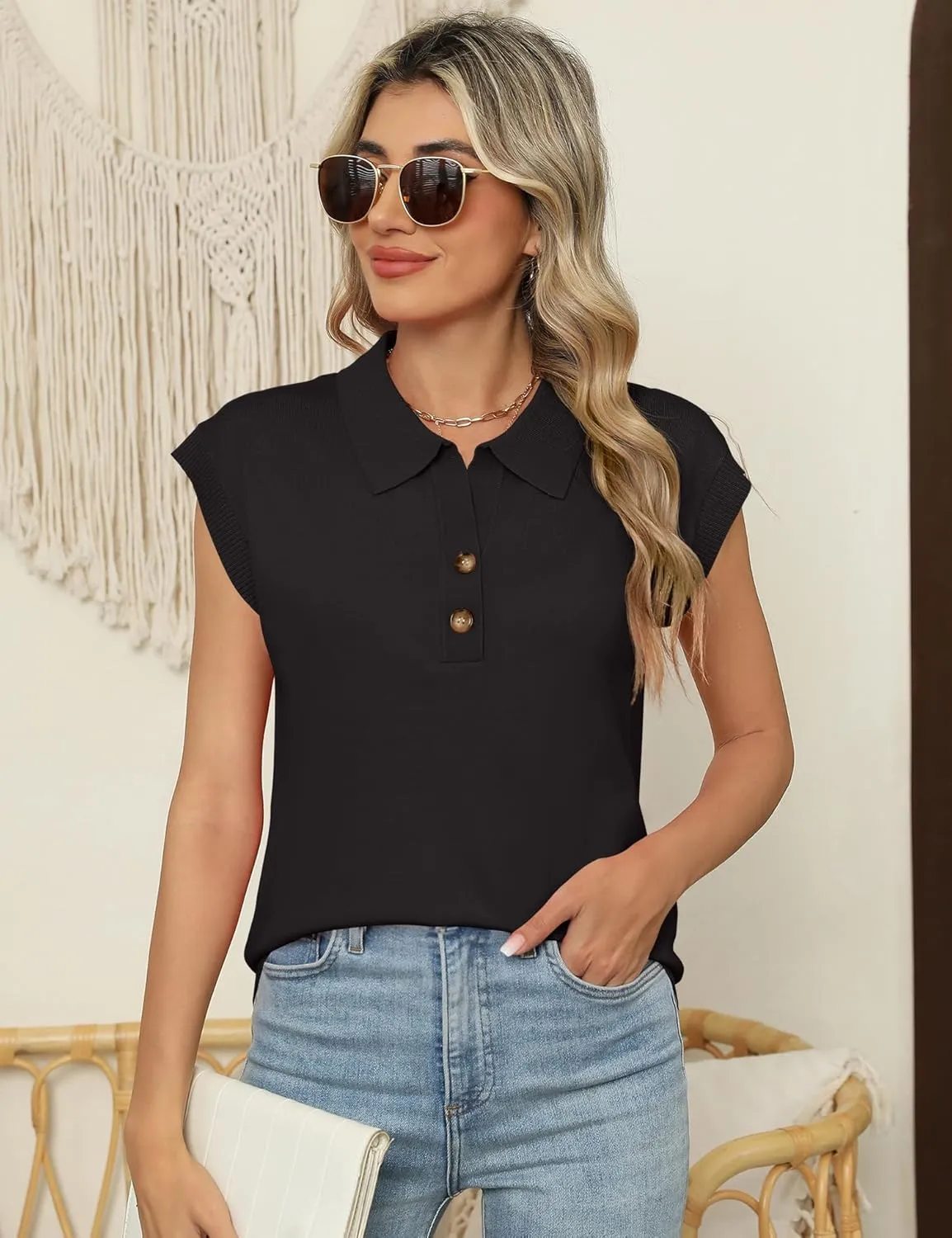 IECCP Womens Cap Sleeve Sweater Vest Summer V Neck Lightweight Casual Button Front Loose Fit Knit Pullover Polo Top