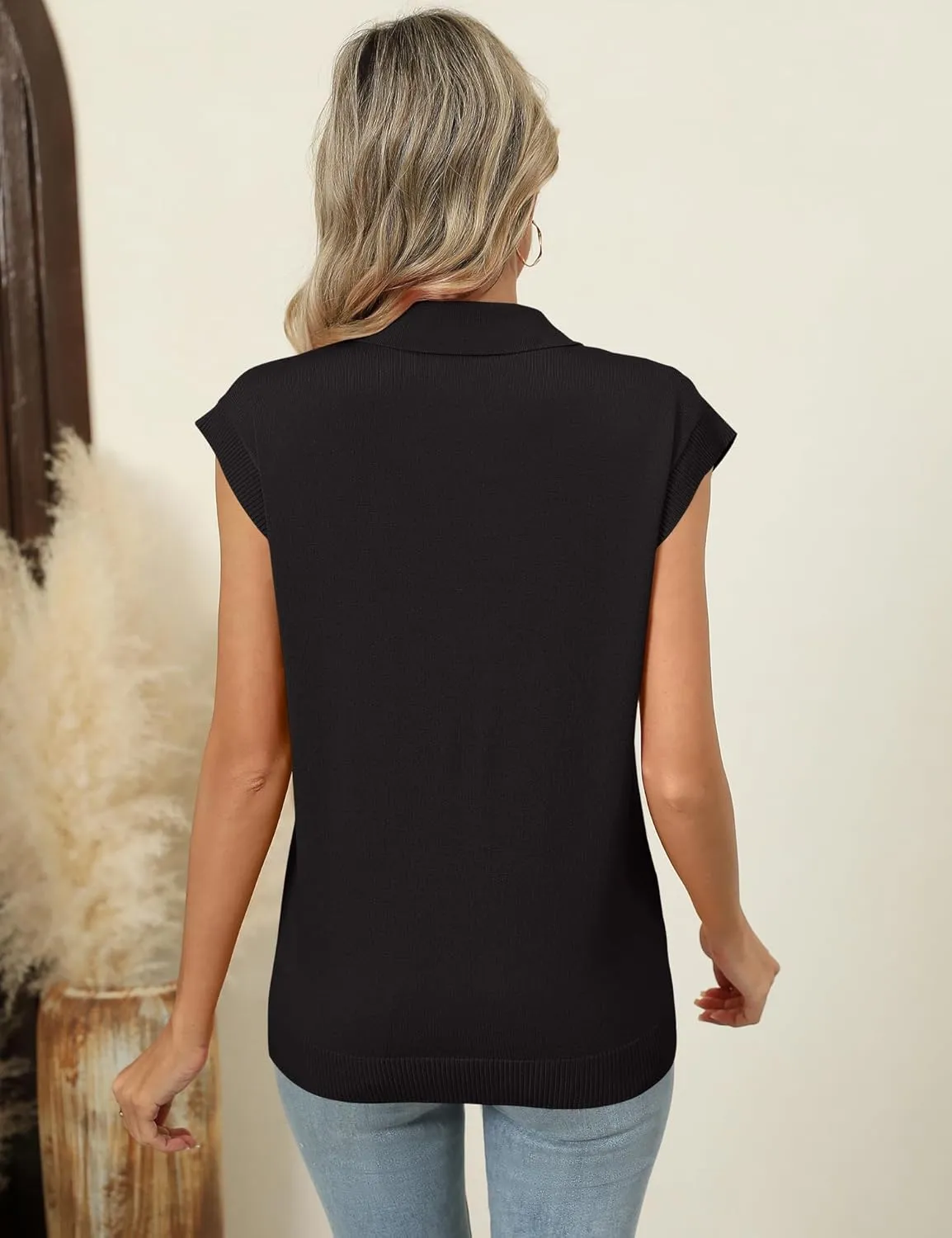 IECCP Womens Cap Sleeve Sweater Vest Summer V Neck Lightweight Casual Button Front Loose Fit Knit Pullover Polo Top