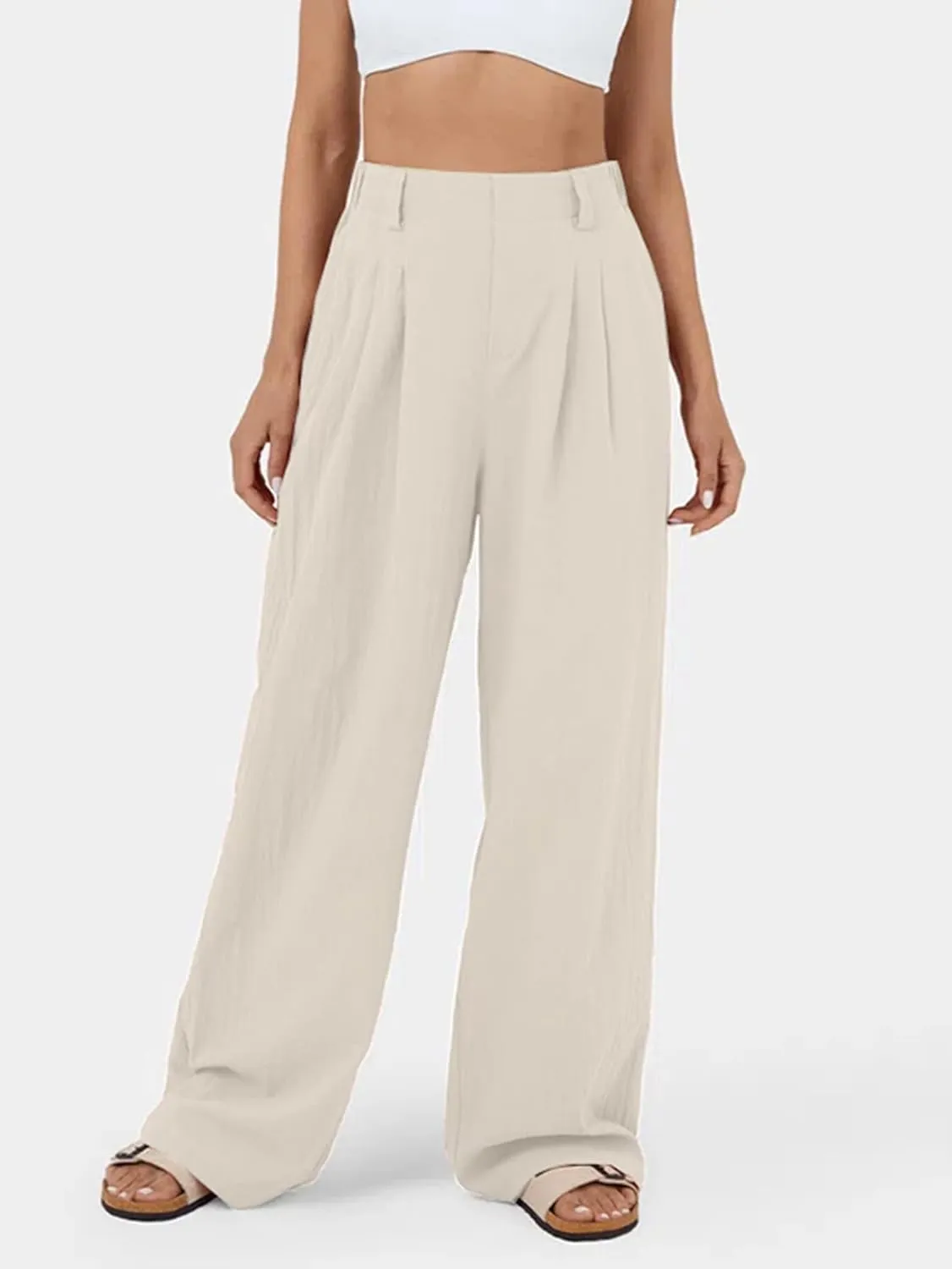 IFFEI Womens Linen Pants Casual Loose Wide Leg High Waist Button Up Pants Trousers with Pockets