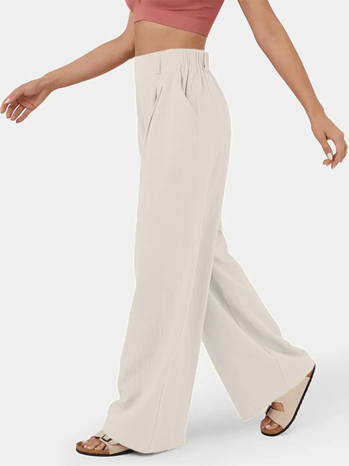 IFFEI Womens Linen Pants Casual Loose Wide Leg High Waist Button Up Pants Trousers with Pockets