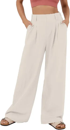 IFFEI Womens Linen Pants Casual Loose Wide Leg High Waist Button Up Pants Trousers with Pockets