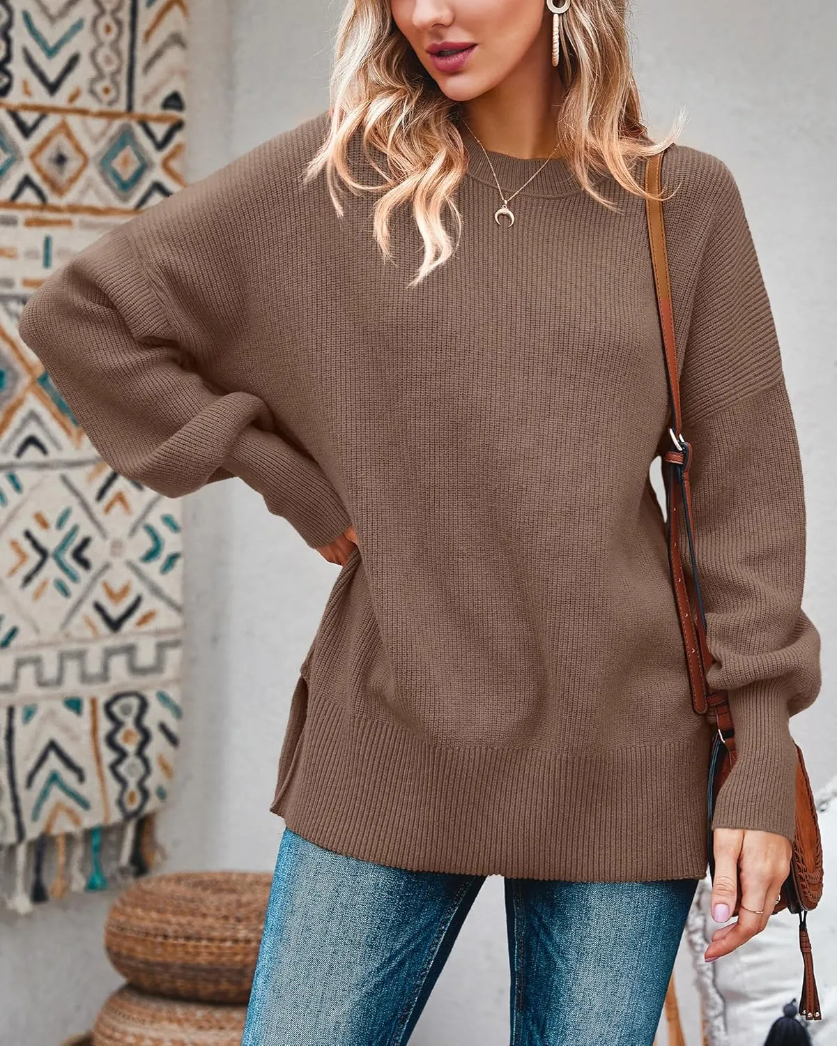 Imily Bela Womens Oversized Tunic Sweaters Fall Slouchy Long Sleeve Ribbed Knit Side Slit Pullover Jumper