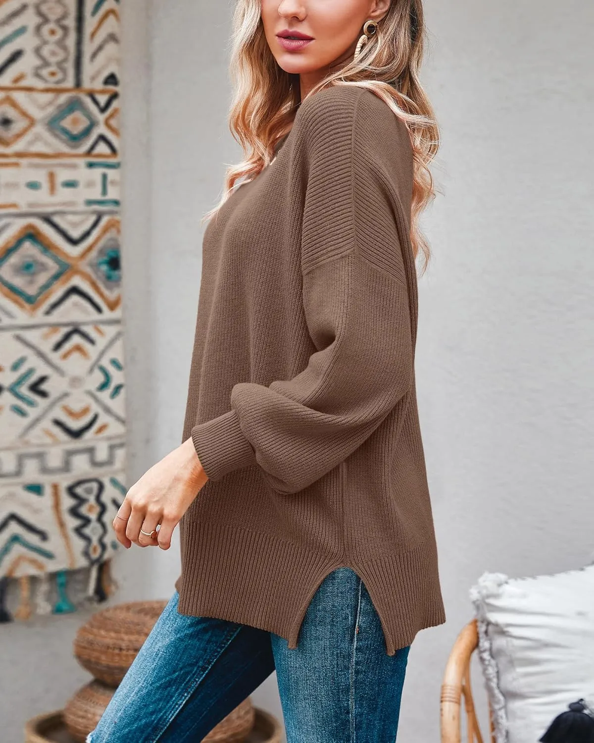 Imily Bela Womens Oversized Tunic Sweaters Fall Slouchy Long Sleeve Ribbed Knit Side Slit Pullover Jumper