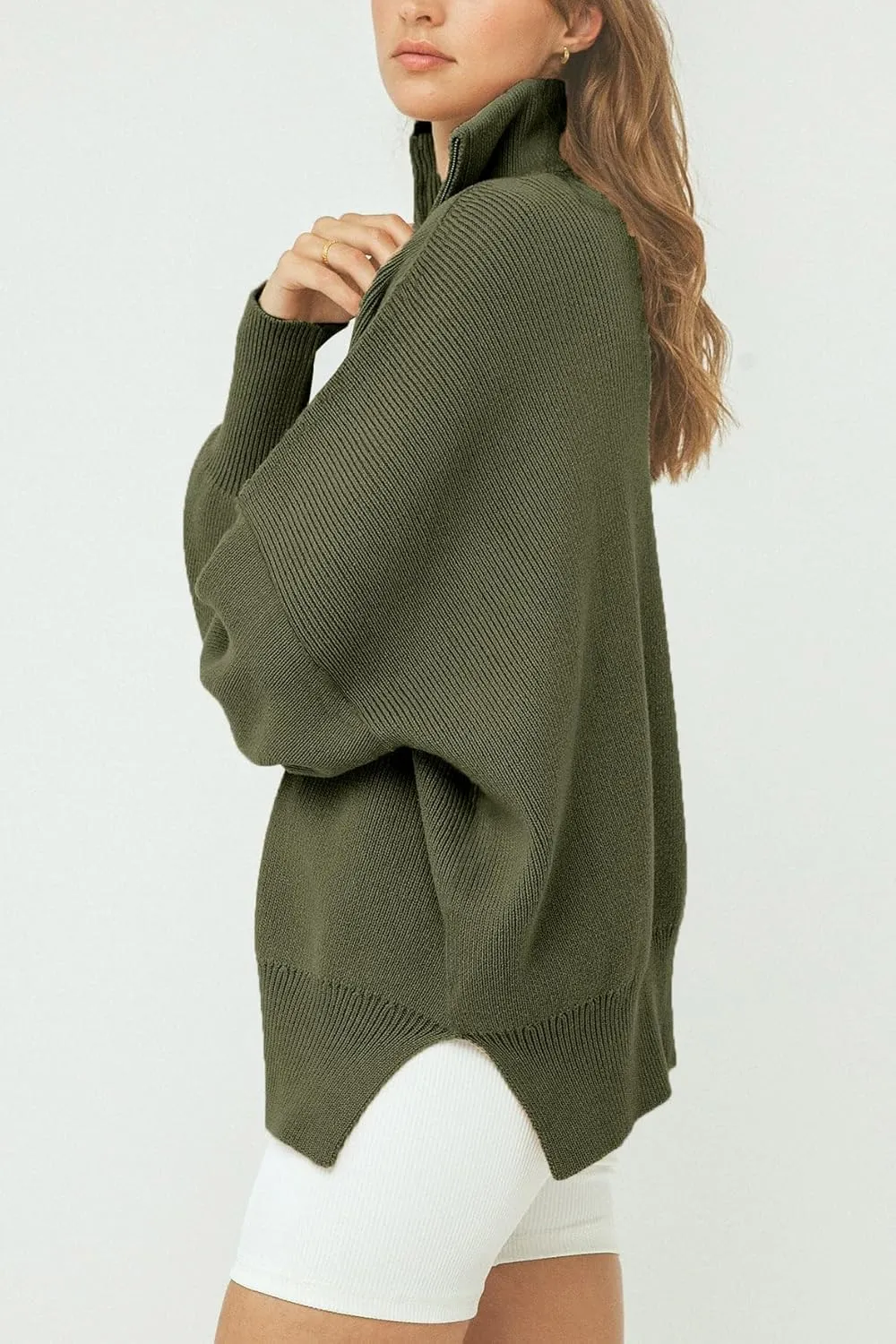 Imily Bela Womens Tunic Sweater Fall Long Sleeve 1/4 Zip Pullover Sweaters Oversized Slouchy Ribbed Knit Sweatshirt with Slit