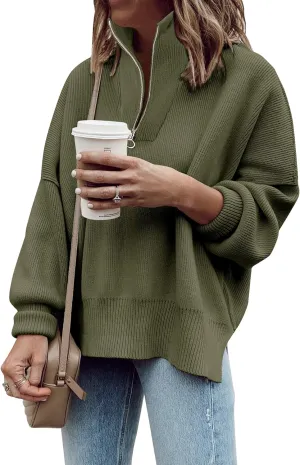 Imily Bela Womens Tunic Sweater Fall Long Sleeve 1/4 Zip Pullover Sweaters Oversized Slouchy Ribbed Knit Sweatshirt with Slit