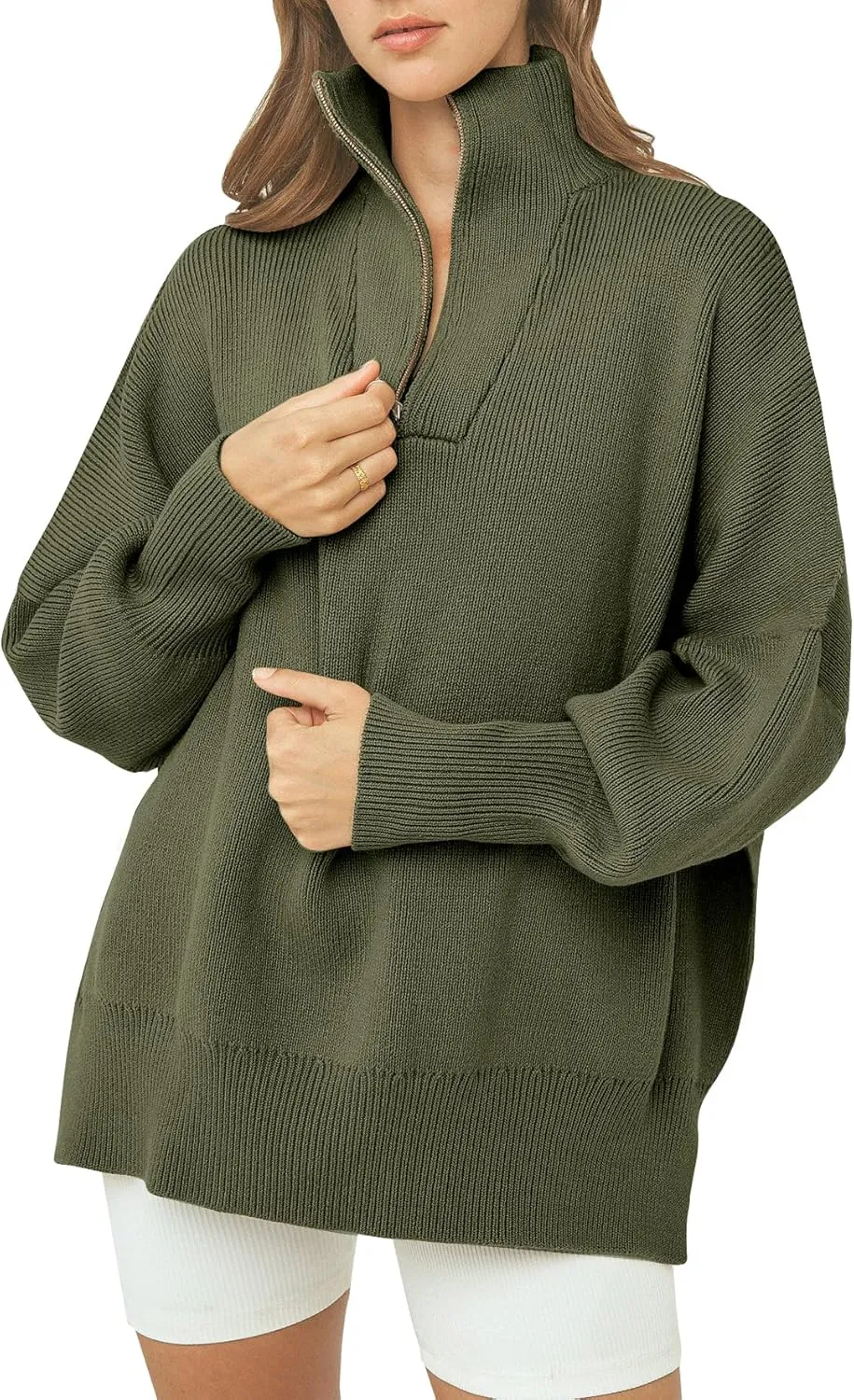 Imily Bela Womens Tunic Sweater Fall Long Sleeve 1/4 Zip Pullover Sweaters Oversized Slouchy Ribbed Knit Sweatshirt with Slit