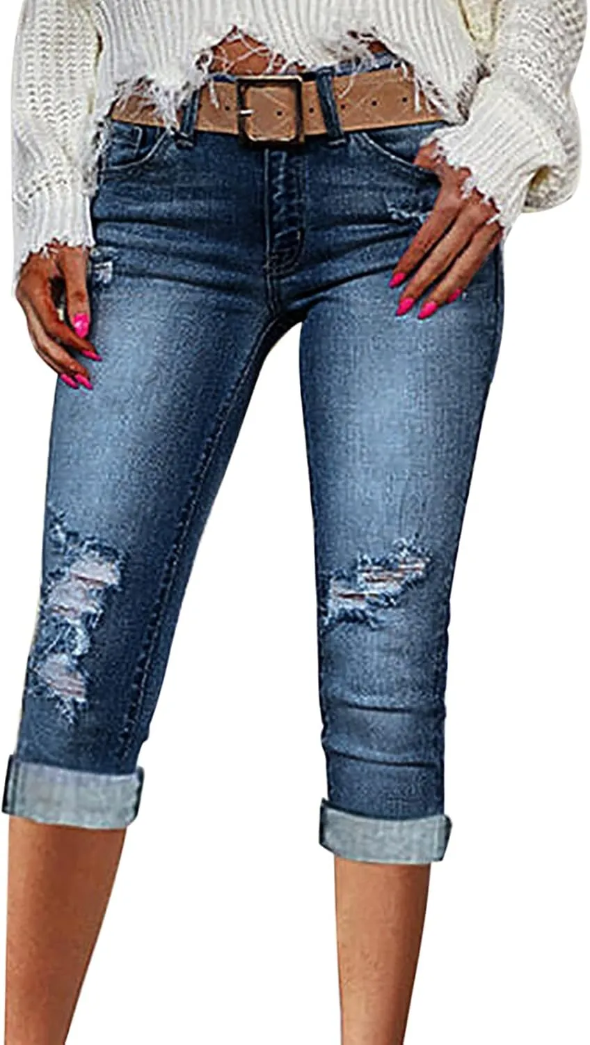 Jean Capri Pants for Women High Waisted Ripped Skinny Jeans Stretchy Distressed Denim Cropped Jeggings with Pockets