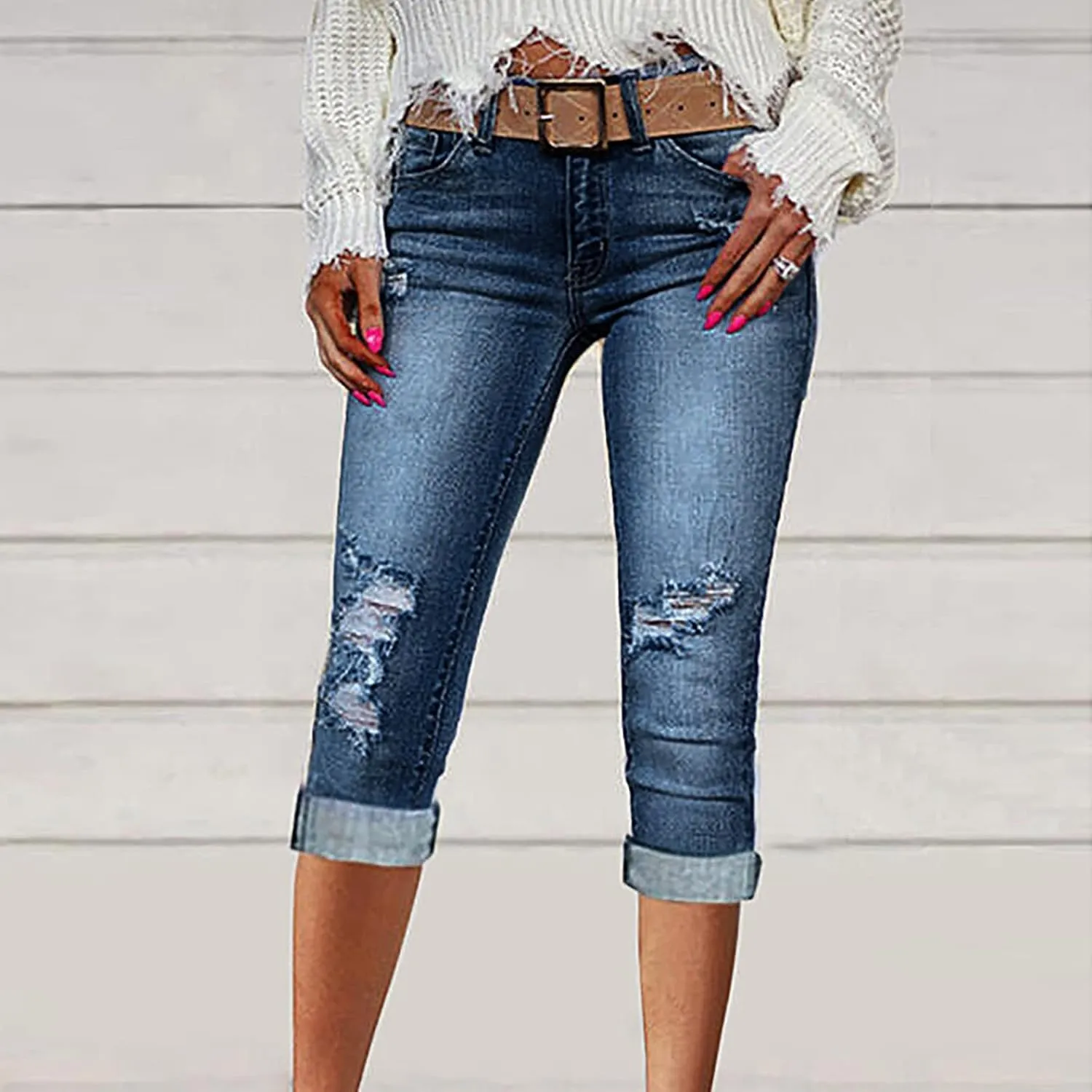 Jean Capri Pants for Women High Waisted Ripped Skinny Jeans Stretchy Distressed Denim Cropped Jeggings with Pockets