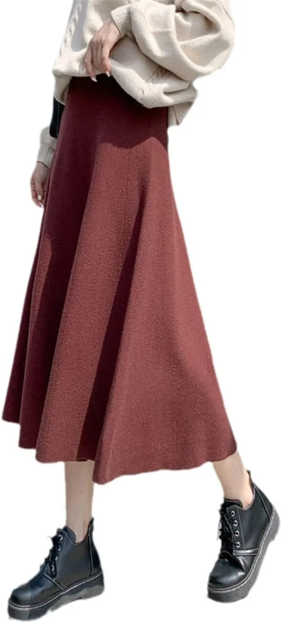 KEHAIOO Winter Autumn Women Knitted Pleated Midi Skirts, Ladies Solid Warm High Waist A-Line Skirt, Female Elegant A-Line