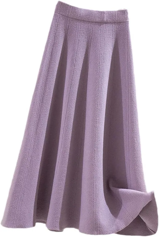 KEHAIOO Winter Autumn Women Knitted Pleated Midi Skirts, Ladies Solid Warm High Waist A-Line Skirt, Female Elegant A-Line