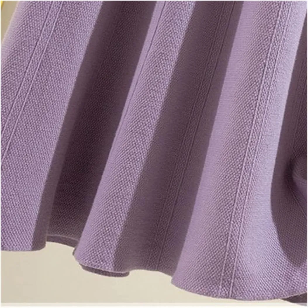 KEHAIOO Winter Autumn Women Knitted Pleated Midi Skirts, Ladies Solid Warm High Waist A-Line Skirt, Female Elegant A-Line