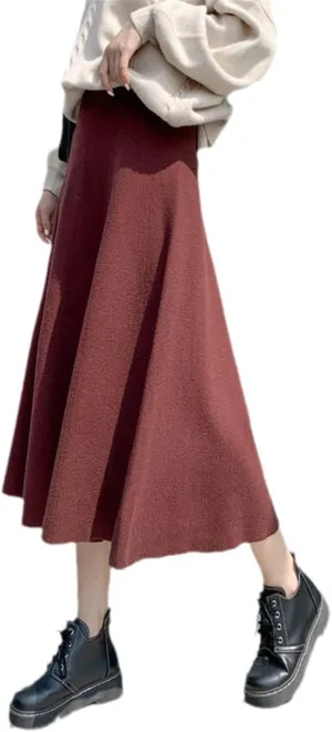 KEHAIOO Winter Autumn Women Knitted Pleated Midi Skirts, Ladies Solid Warm High Waist A-Line Skirt, Female Elegant A-Line