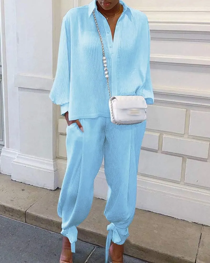 KMBANGI Women Solid 2 Piece Outfits Long Sleeve Loose Shirt Blouse Top Harem Pants Jumpsuit Sets Ladies Casual Suit