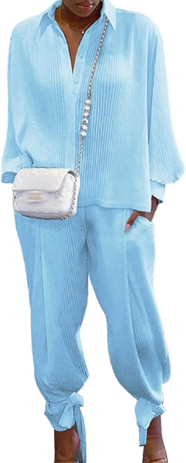KMBANGI Women Solid 2 Piece Outfits Long Sleeve Loose Shirt Blouse Top Harem Pants Jumpsuit Sets Ladies Casual Suit
