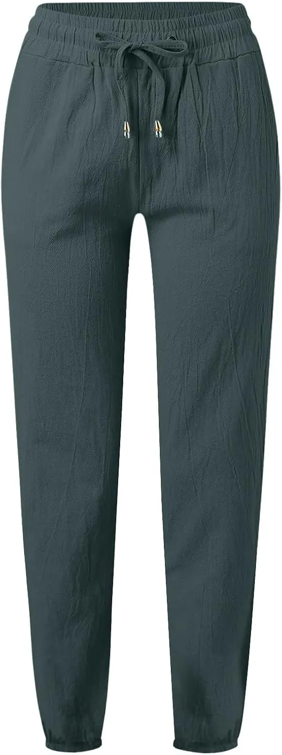 Kubbon Womens Cotton Linen Pants Casual Straight Leg Drawstring Elastic High Waist Trousers Comfy Harem Pants with Pockets