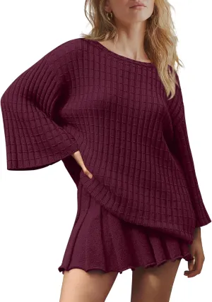LAMISSCHE Womens Lounge Set Oversized 2 Piece Sweater Skirt Sets Long Sleeve Knit Top Pleated Skirts