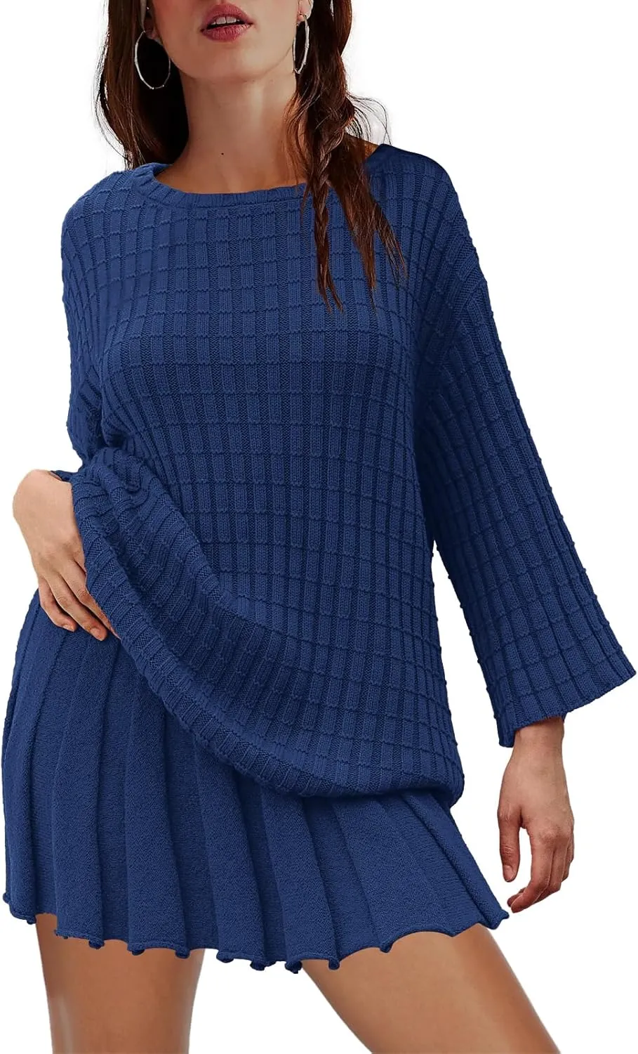LAMISSCHE Womens Lounge Set Oversized 2 Piece Sweater Skirt Sets Long Sleeve Knit Top Pleated Skirts