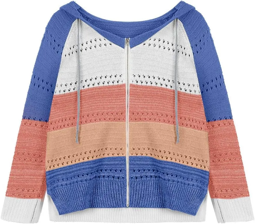LFEOOST Women Long Sleeve Zip Up Hoodies Color Block Striped Casual V Neck Knit Pullover Sweater Loose Lightweight Sweatshirt