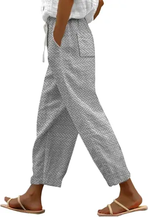 Linen Capri Pants with Drawstring Womens Casual Lightweight Elastic Waist Pants with Pockets Summer Petite Capris
