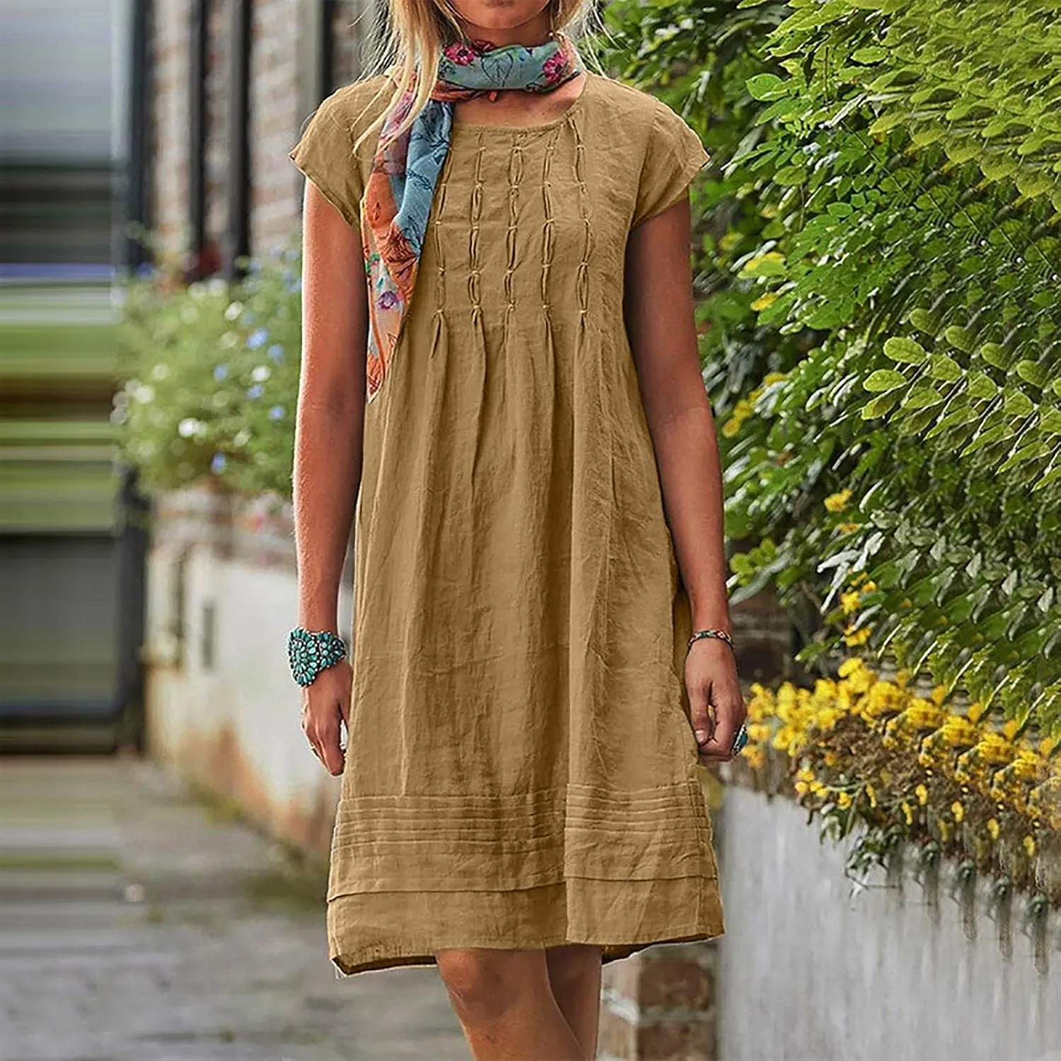 Linen Dress for Women Summer Loose Crewneck Solid Color Sundress Casual Short Sleeve Vacation Beach Pleated Dresses