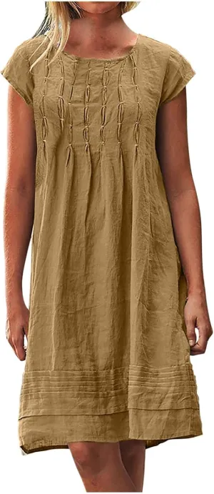 Linen Dress for Women Summer Loose Crewneck Solid Color Sundress Casual Short Sleeve Vacation Beach Pleated Dresses