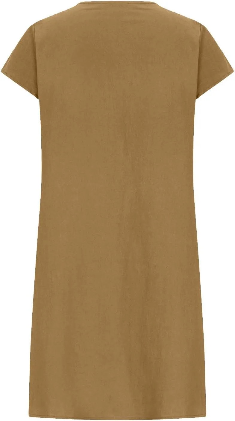 Linen Dress for Women Summer Loose Crewneck Solid Color Sundress Casual Short Sleeve Vacation Beach Pleated Dresses