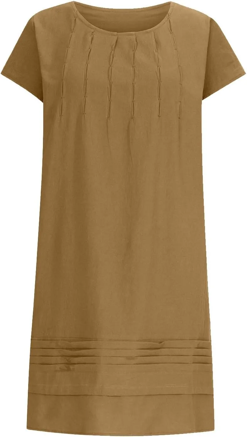 Linen Dress for Women Summer Loose Crewneck Solid Color Sundress Casual Short Sleeve Vacation Beach Pleated Dresses