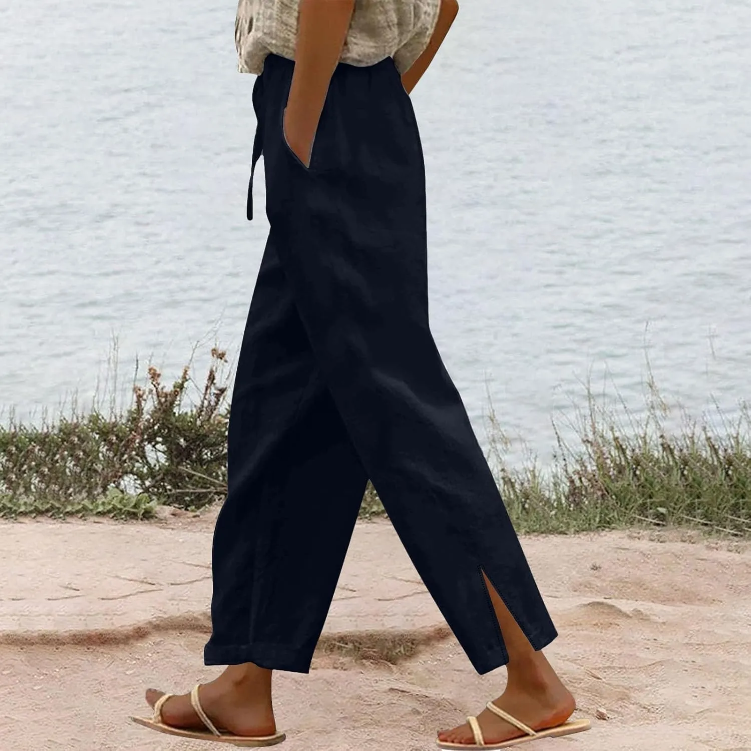 Linen Pants for Women 2025 Summer Elastic High Waist Split Hem Pants Casual Loose Fit Drawstring Trousers with Pocket