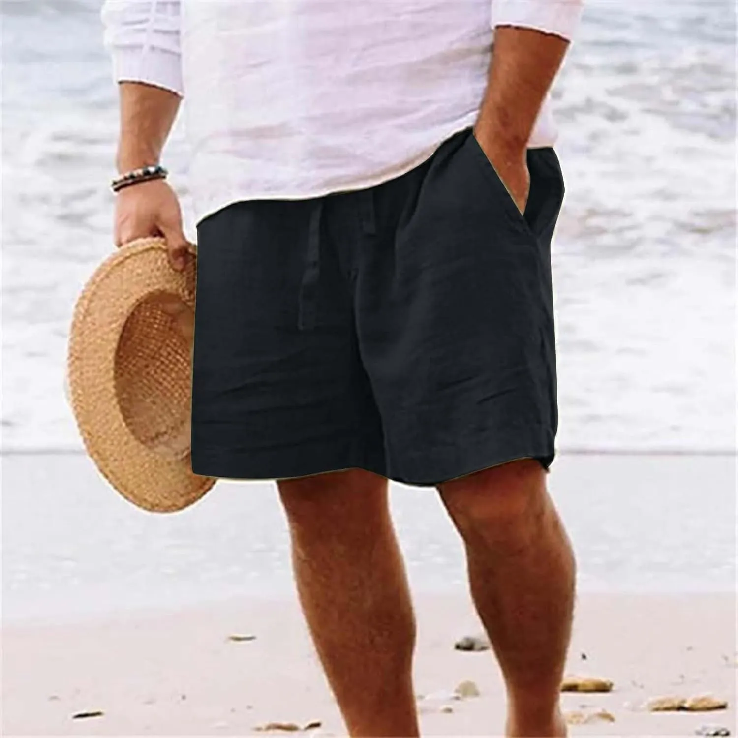 Linen Shorts for Men Black Sports Shorts Beach Shorts Casual Cotton Linen Shorts Beach Shorts with Pockets Men's