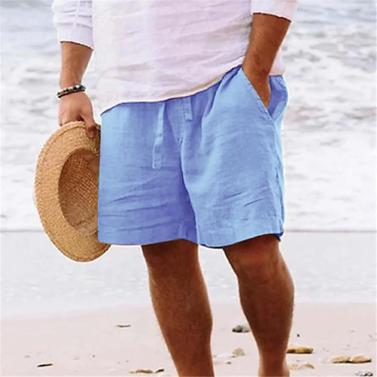 Linen Shorts for Men Black Sports Shorts Beach Shorts Casual Cotton Linen Shorts Beach Shorts with Pockets Men's