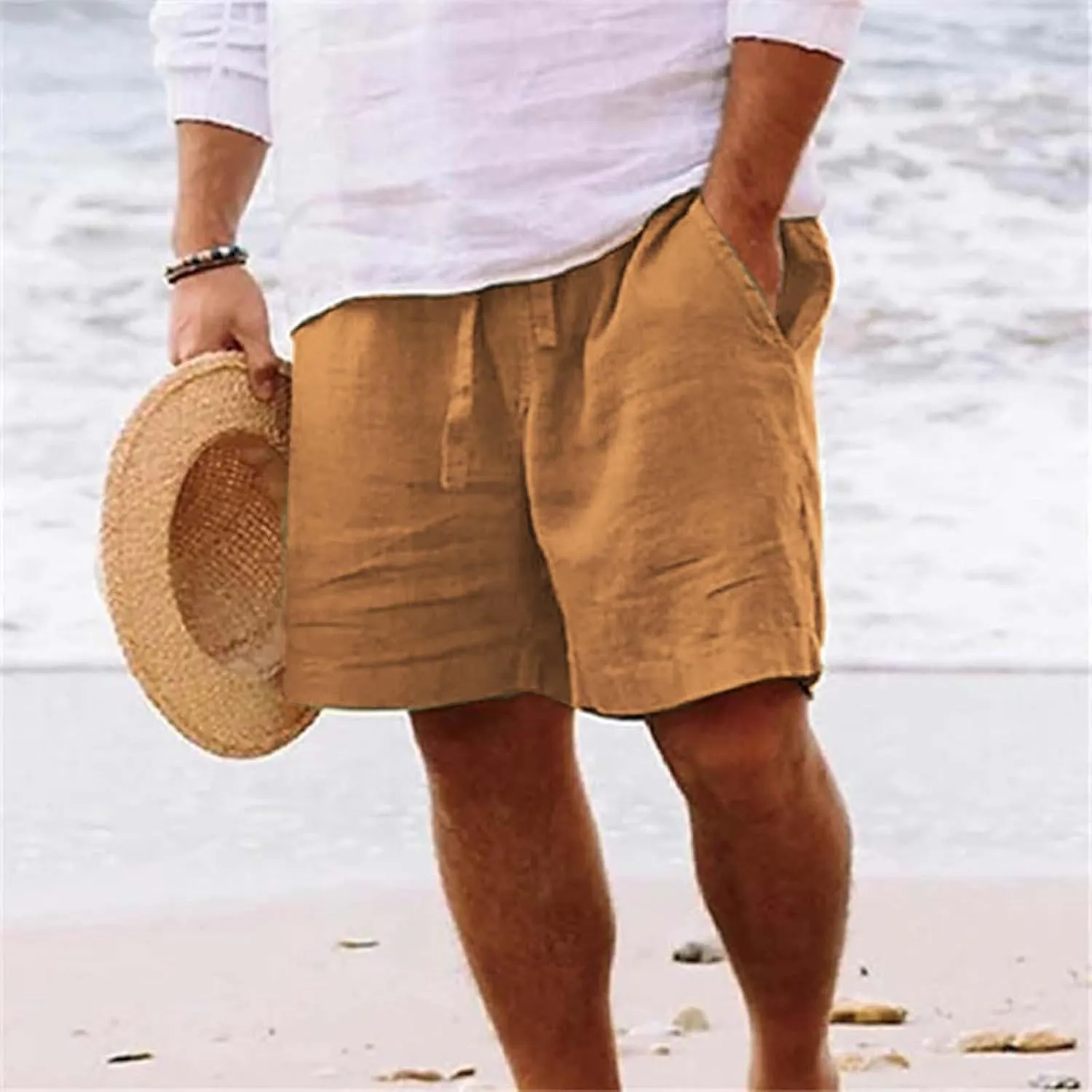 Linen Shorts for Men Black Sports Shorts Beach Shorts Casual Cotton Linen Shorts Beach Shorts with Pockets Men's