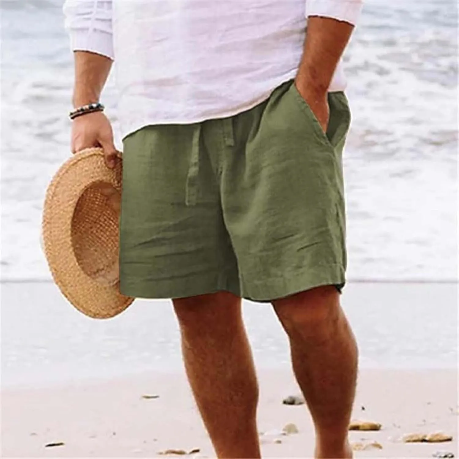 Linen Shorts for Men Black Sports Shorts Beach Shorts Casual Cotton Linen Shorts Beach Shorts with Pockets Men's