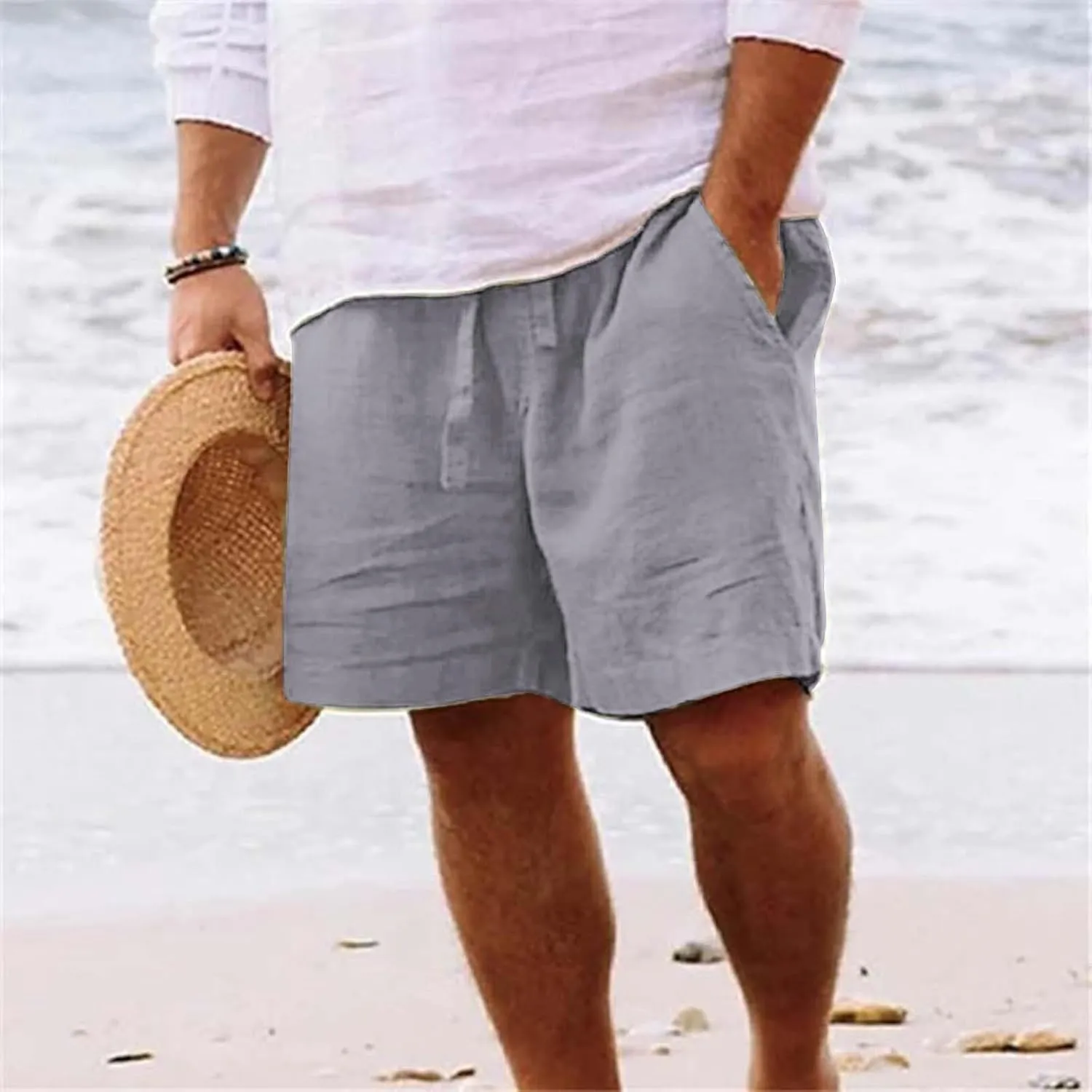 Linen Shorts for Men Black Sports Shorts Beach Shorts Casual Cotton Linen Shorts Beach Shorts with Pockets Men's