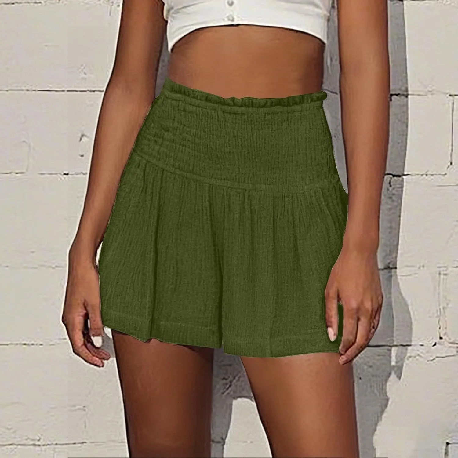 Linen Shorts for Women Summer High Waisted Flowy Pleated Pull on Shorts Stylish Comfortable Lightweight Casual Short