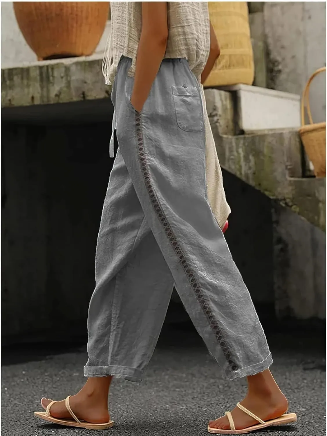LOAIHA Women's Cotton Linen Pants Summer Casual Elastic High Waist Solid Straight Wide Leg Loose Fit Pants with Pockets