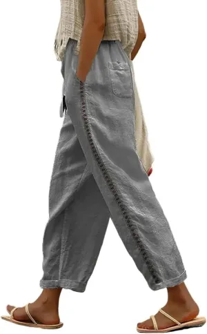 LOAIHA Women's Cotton Linen Pants Summer Casual Elastic High Waist Solid Straight Wide Leg Loose Fit Pants with Pockets