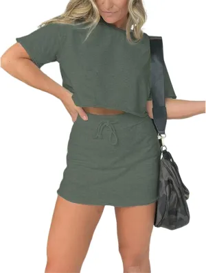 Lounge Cropped Tee Skort Set,2 Piece Summer Skirt Sets for Women,Fashion Short Sleeve Top Drawstring Hip Skirt Suit
