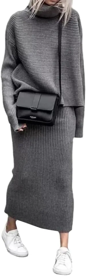 loveimgs Women's 2 Piece Outfits Ribbed Knit Long Sleeve Turtleneck Midi Pencil Skirt Set Casual Two Piece Dress
