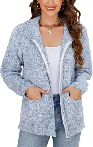 Lu's Chic Women's Long Sleeve Cardigan Sweater Fall Knit Thick High Neck Winter Zip Full Zip Spring Drop Shoulder