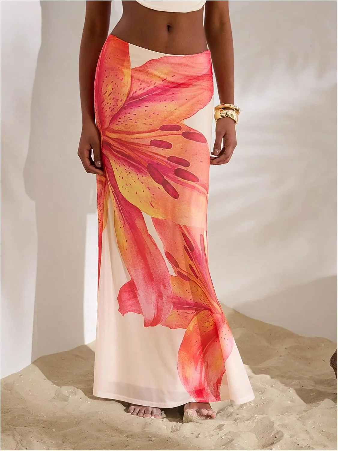 MakeMeChic Floral Maxi Skirt for Women 2025 Mesh Y2k Summer Beach Long Skirt
