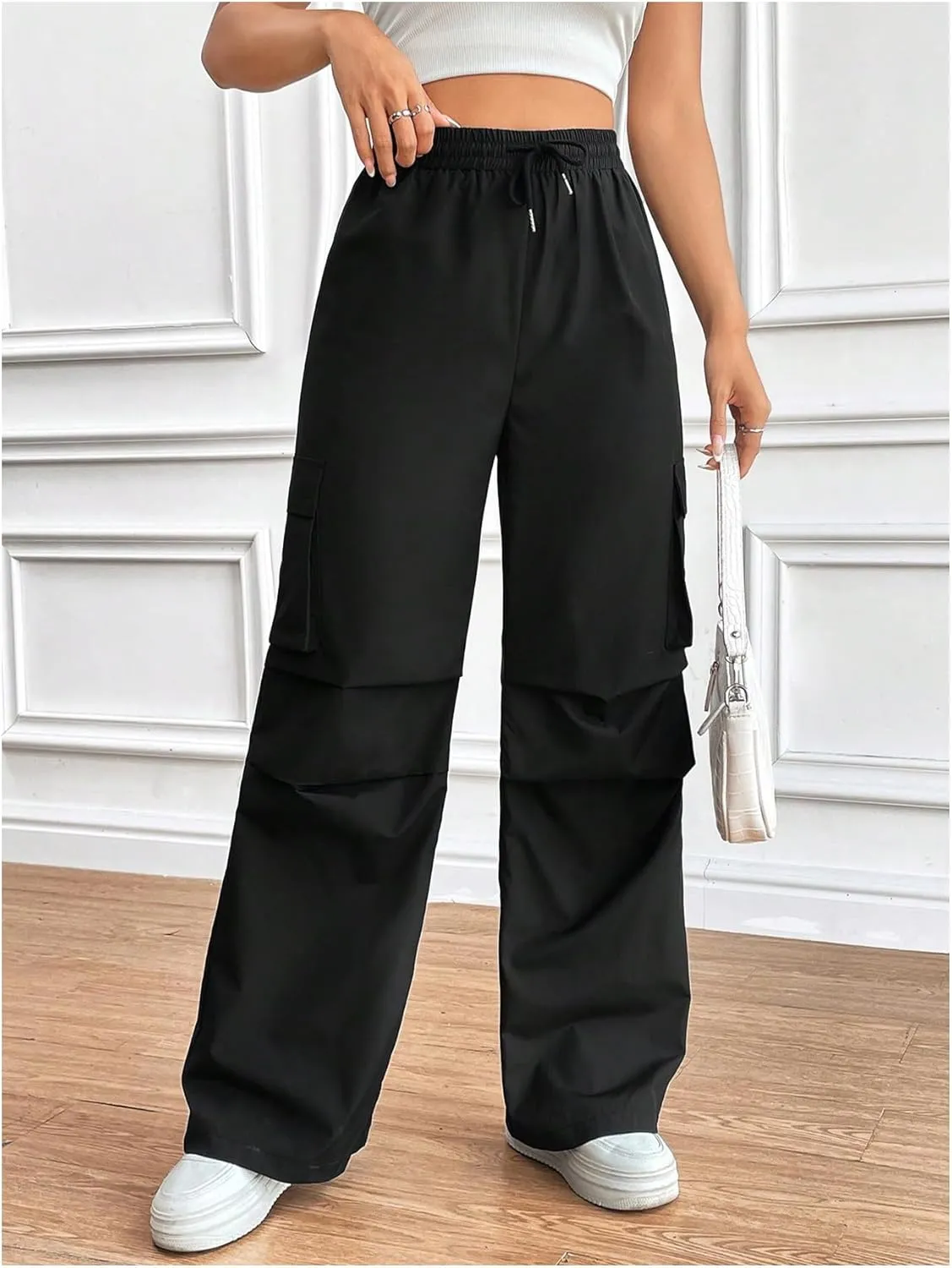 MakeMeChic Women's Drawstring Waist Cargo Pants Flap Pocket Side Wide Leg Trousers