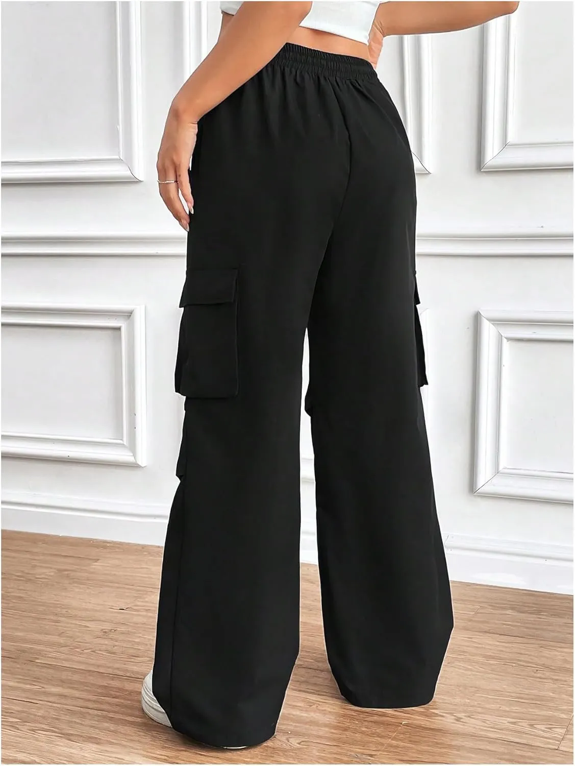 MakeMeChic Women's Drawstring Waist Cargo Pants Flap Pocket Side Wide Leg Trousers